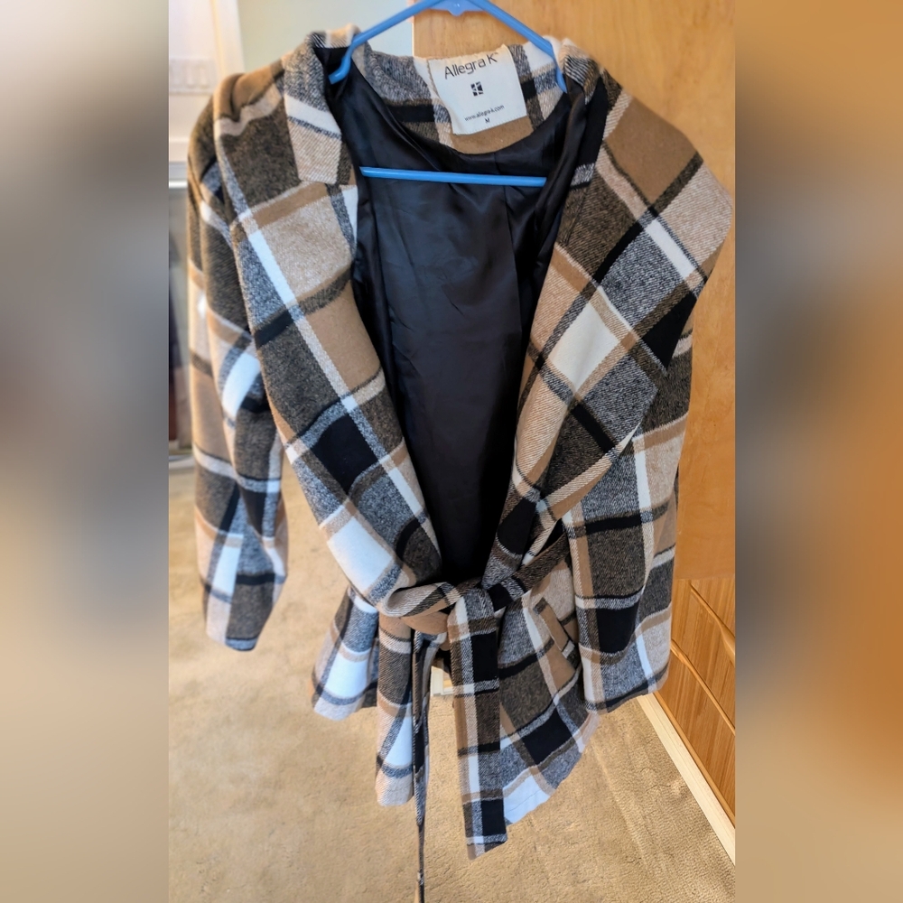 Allegra K Checkered Belted Jacket